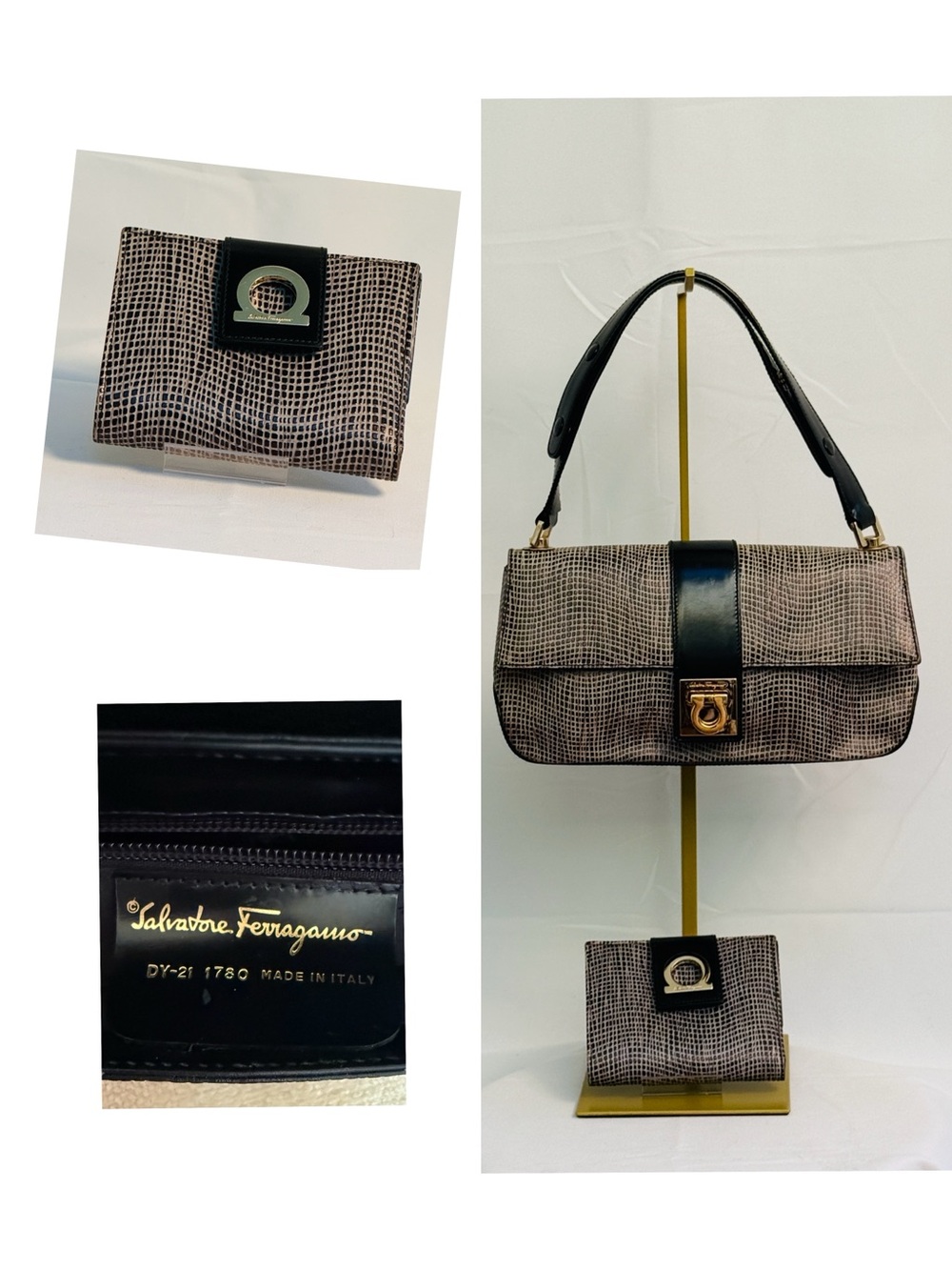 Salvatore Ferragamo Black & Beige Textured Shoulder Bag with Matching Pouch